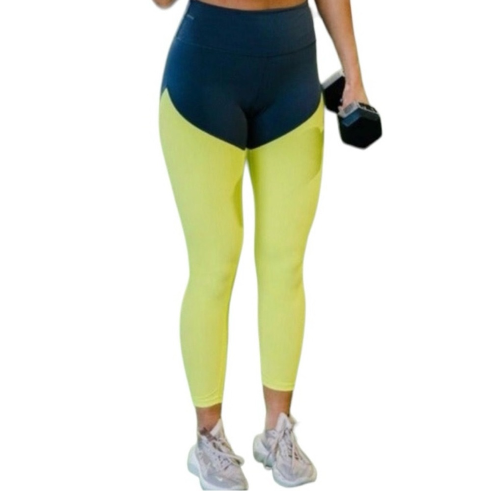 ZYIA ACTIVE Neon Yellow Gray Parallel Luxe Hi-Rise 7/8 Workout Leggings Size‎ 12